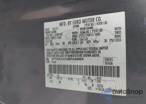 2011 Ford Ranger Xl z USA, uszkodzony, nr VIN 1FTKR1AD0BPA58965